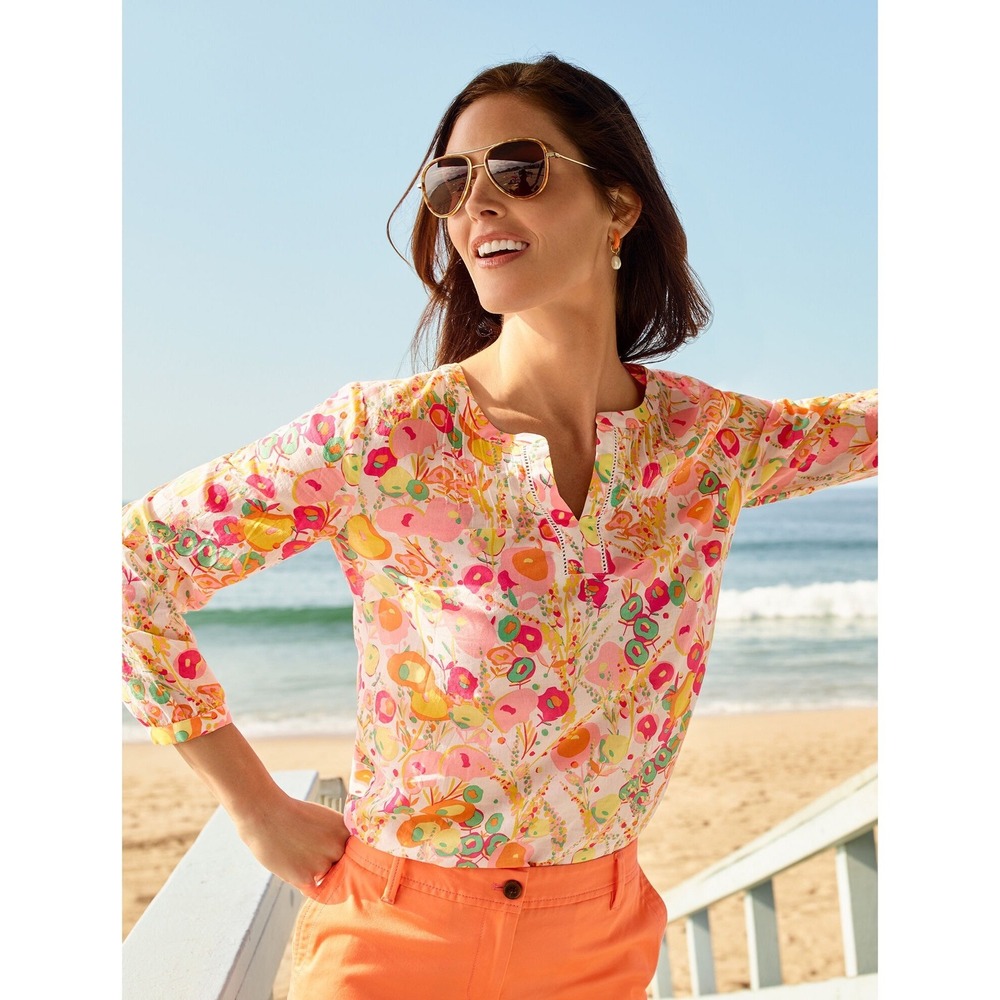 Talbots Blouse Plus 3X Floral Cotton Pink Orange Yellow Spring Preppy Coastal